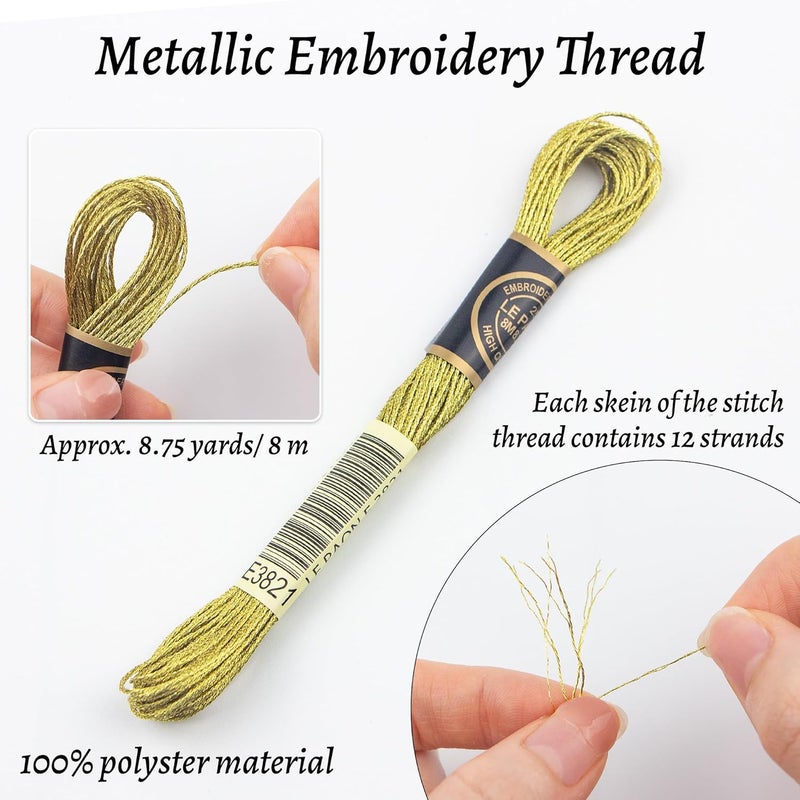 krastmon 6 Skeins Embroidery Thread, Metallic Light Gold Embroidery Floss Friendship Bracelet String, Polyester Cross-Stitch Threads for Hand Embroidery, String Art - Image 2